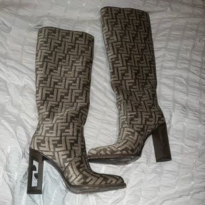 Fendi
Jacquard FF Sculptural-Heel Tall Boots- cream beige